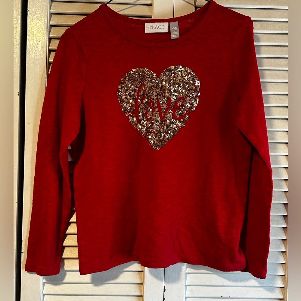 The Children’s Place Love Gold Sequin Heart Red Long Sleeve Shirt Girl 10-12
